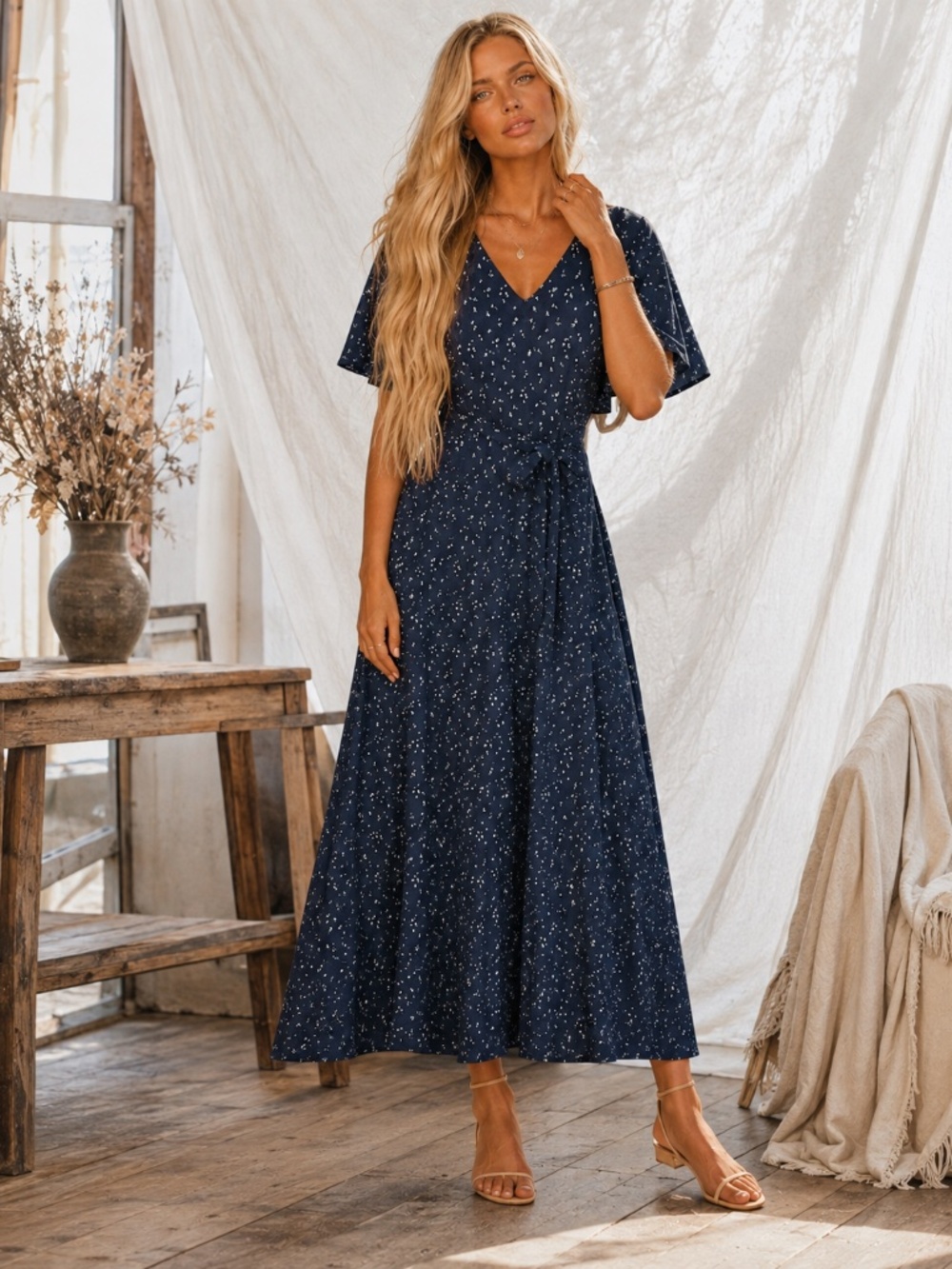 NWT Garnet Hill L Navy Floral TENCEL Lyocell Flutter Sleeve Belted Midi Dress